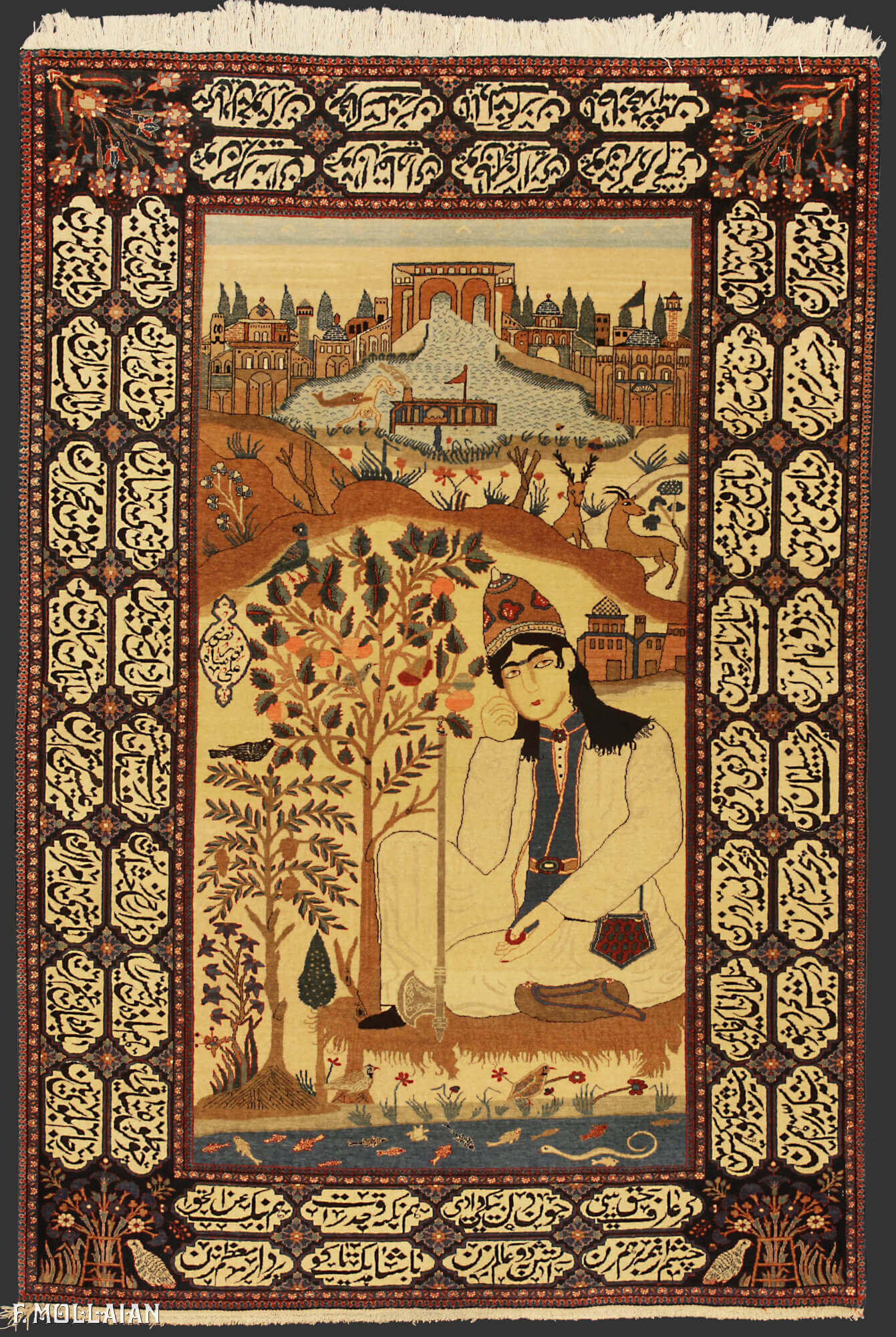 Tappeto Figurativo Persiano Antico Kashan Mohtasham n°:55510929